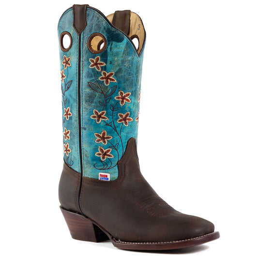 2213 - RockinLeather Women's Chocolate Crazy Horse Western Boot W/Teal Upper