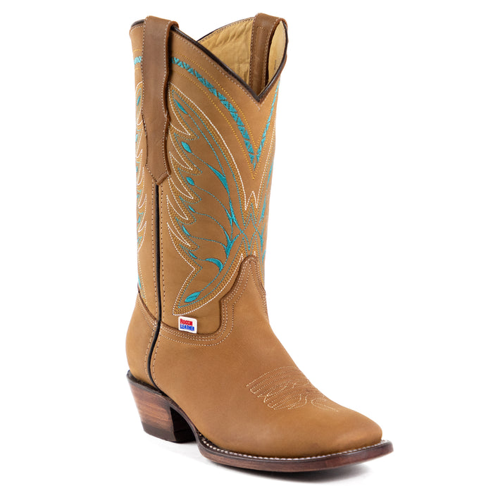 2214 - RockinLeather Women's Crazy Horse Tan Western Boot With Blue Embroidery