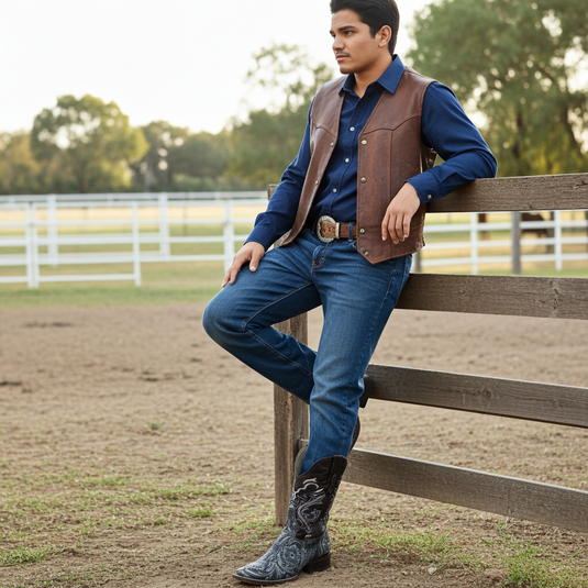 1220 - RockinLeather Men's Sedona Distressed Stamped Cowhide Leather Boot