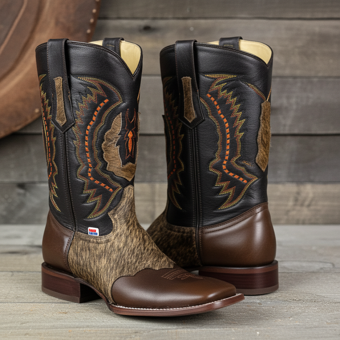 1249 - RockinLeather Men's Chocolate Ranch with Cowhair Overlay Western Boot