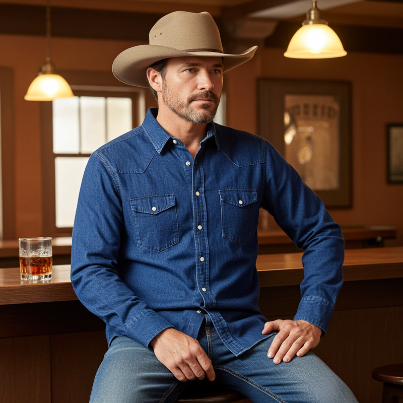 Load image into Gallery viewer, RLLSMS02 - RockinLeather Men&#39;s 7.1 oz Dark Denim Western Shirt
