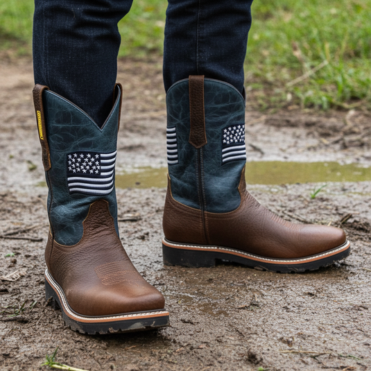 5019 - RockinLeather Men's WATERPROOF American Flag Soft Toe Work Boots