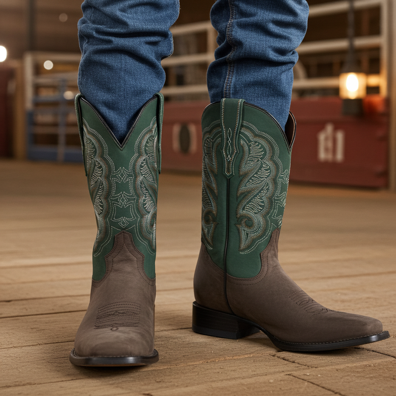 Load image into Gallery viewer, 1807 - RockinLeather Men&#39;s Crazy Choco Cowhide Western Boot w/Green Upper
