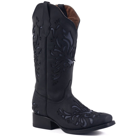 2813 - RockinLeather Women's Crazy Black Square Toe Western Boot w/ Inlays