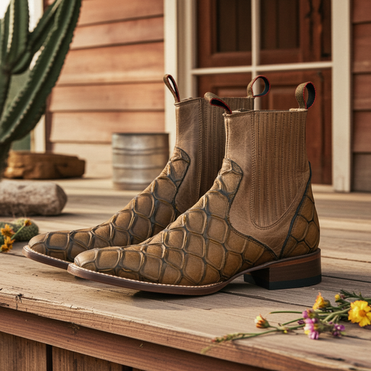 1814 - RockinLeather Men's Retro Brown Leather Pirarucu Print Chelsea Boot