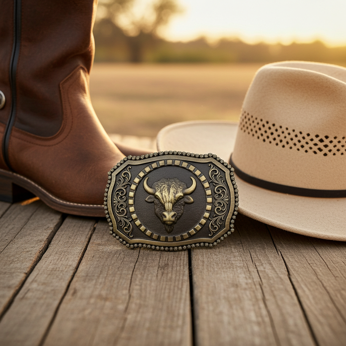 RLB011 - RockinLeather Brushed Antique Brass Buffalo Head Belt Buckle