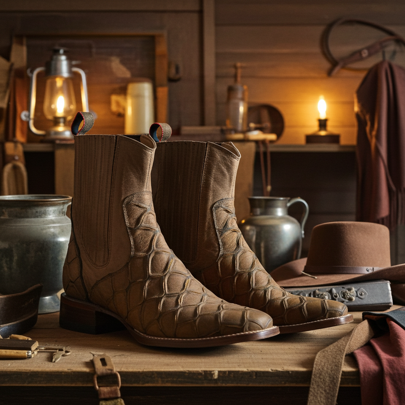 Load image into Gallery viewer, 1814 - RockinLeather Men&#39;s Retro Brown Leather Pirarucu Print Chelsea Boot

