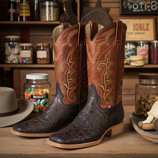 1190 - RockinLeather Men's Stamped Cowhide Leather Boot