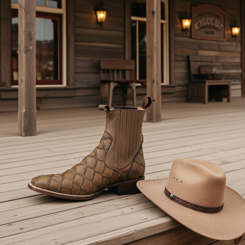 Load image into Gallery viewer, 1814 - RockinLeather Men&#39;s Retro Brown Leather Pirarucu Print Chelsea Boot
