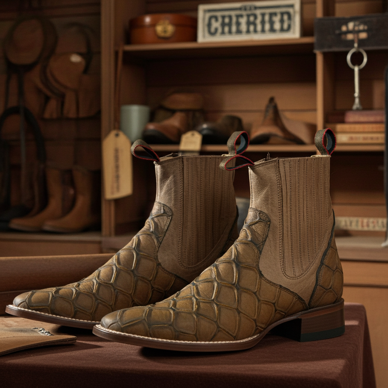 Load image into Gallery viewer, 1814 - RockinLeather Men&#39;s Retro Brown Leather Pirarucu Print Chelsea Boot
