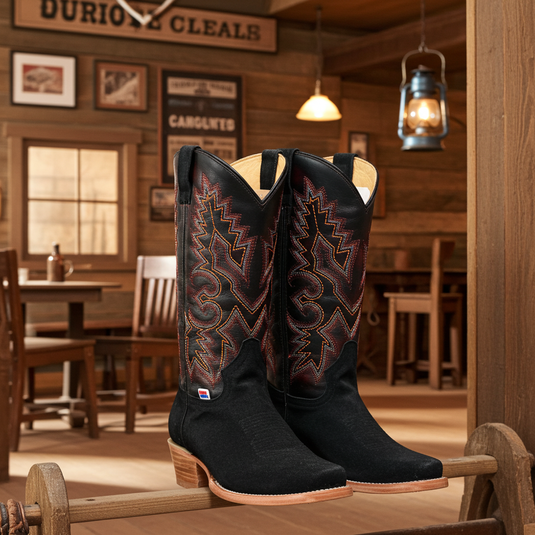 1260 - RockinLeather Men's Black Roughout Narrow Square Toe Western Boot