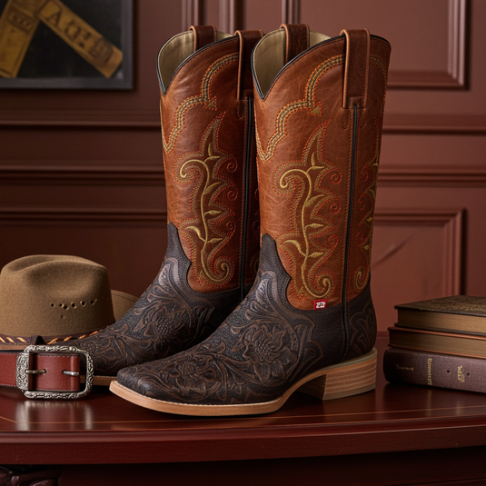 1190 - RockinLeather Men's Stamped Cowhide Leather Boot