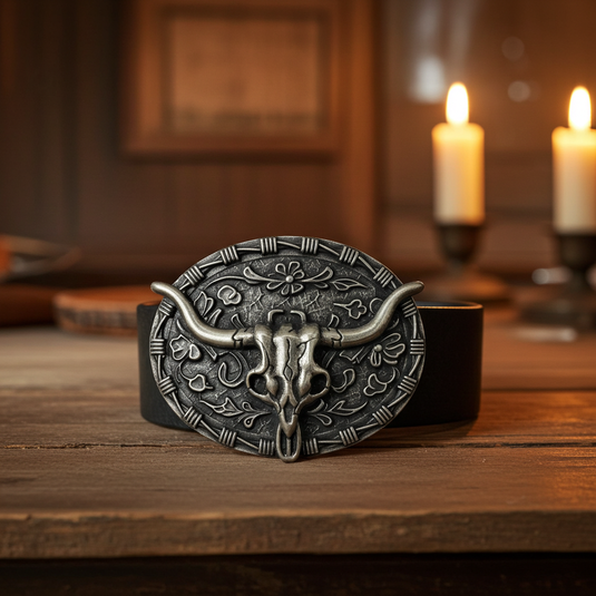 RLB508 - RockinLeather Nickle W/Black Underlay Steer Head Belt Buckle