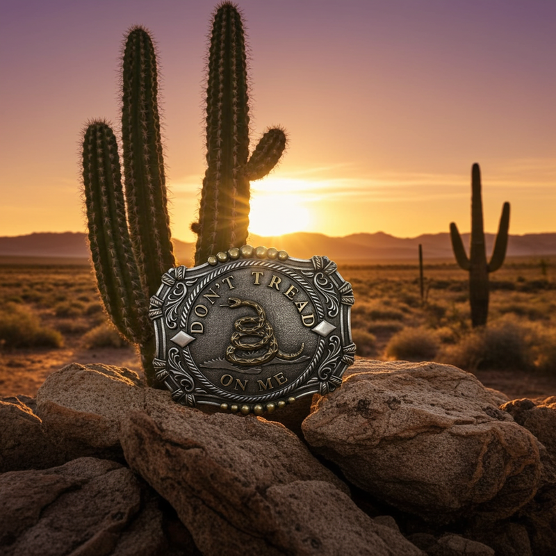Load image into Gallery viewer, RLB012 - RockinLeather Antique Silver/Gold Don&#39;t Tread On Me Belt Buckle

