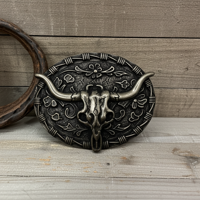 RLB508 - RockinLeather Nickle W/Black Underlay Steer Head Belt Buckle