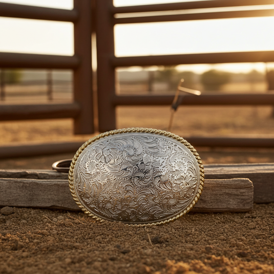 RLB501 - RockinLeather Silver Scrolled Oval Buckle with Gold Edge