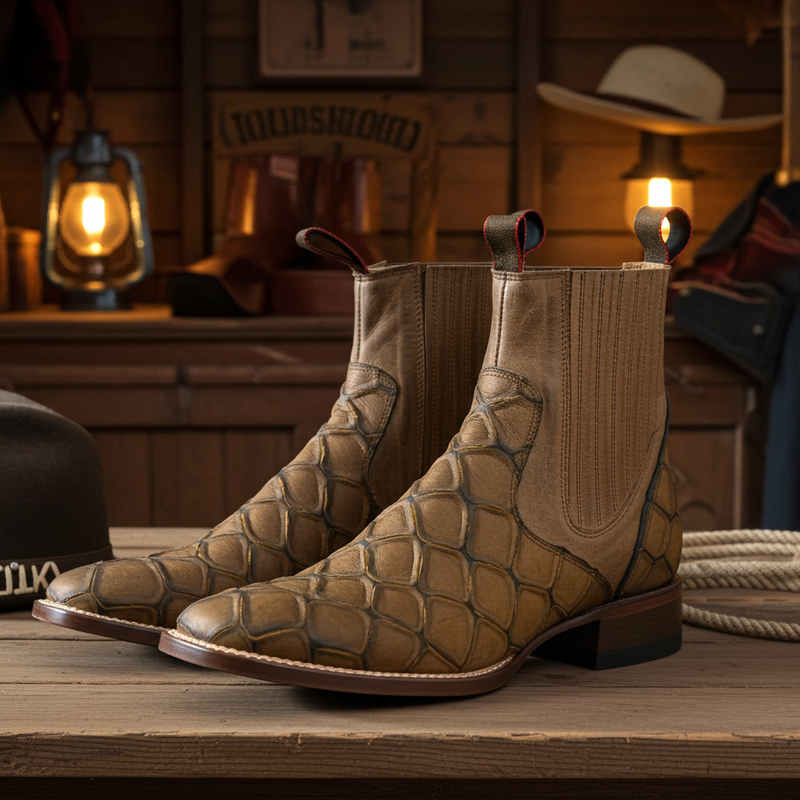 Load image into Gallery viewer, 1814 - RockinLeather Men&#39;s Retro Brown Leather Pirarucu Print Chelsea Boot
