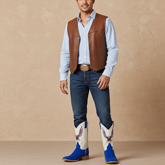 1242 - RockinLeather Men's Blue Suede Leather Boot W/Eagle Embroidery