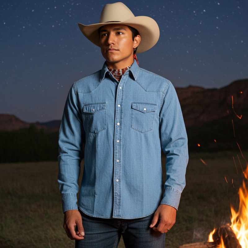 Load image into Gallery viewer, RLLSMS01 - RockinLeather Men&#39;s 6.8 oz Light Denim LS Shirt
