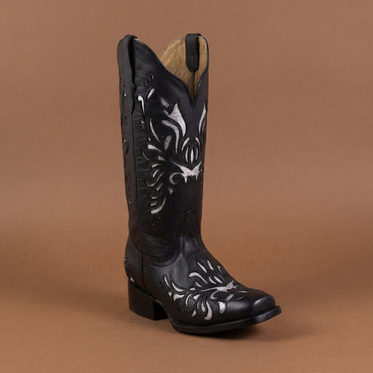 2812 - RockinLeather Women's Black Square Toe Western Boot w/ Silver Inlays