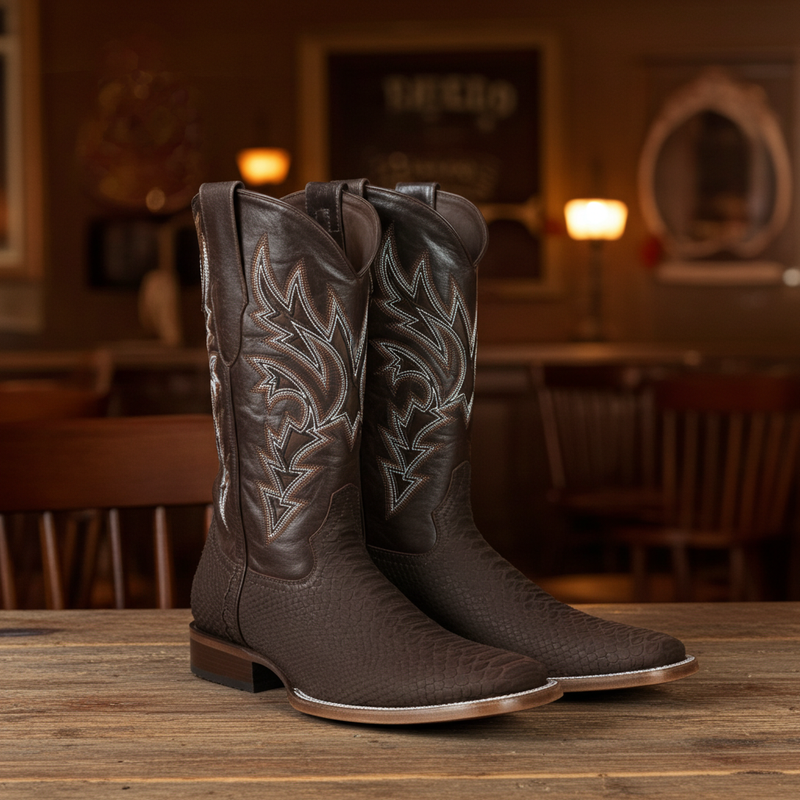 Load image into Gallery viewer, 8002 - RockinLeather Men&#39;s Sanded Chocolate Python Square Toe Western Boot
