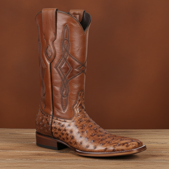 8006 - RockinLeather Men's Cognac Full Quill Ostrich Square Toe Western Boot