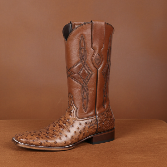8006 - RockinLeather Men's Cognac Full Quill Ostrich Square Toe Western Boot
