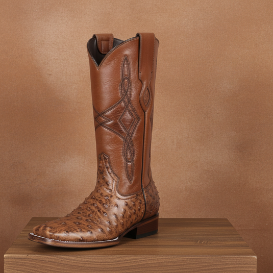 8006 - RockinLeather Men's Cognac Full Quill Ostrich Square Toe Western Boot