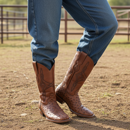 8006 - RockinLeather Men's Cognac Full Quill Ostrich Square Toe Western Boot