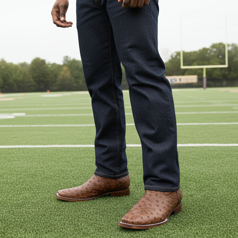 Load image into Gallery viewer, 8006 - RockinLeather Men&#39;s Cognac Full Quill Ostrich Square Toe Western Boot
