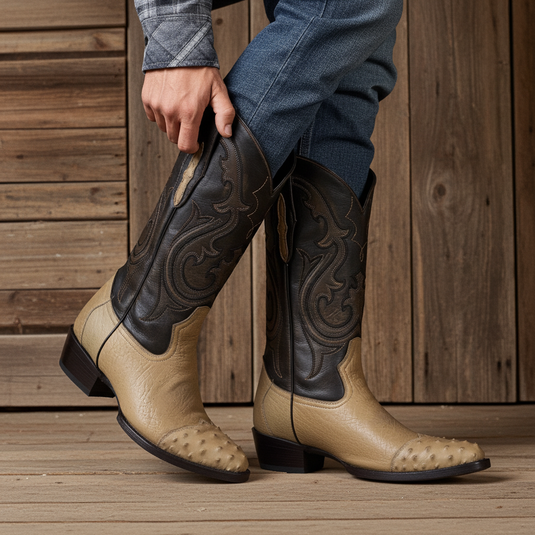 8010 - RockinLeather Men's Orix Smooth Ostrich Pointed Toe Boot w/Full Quill Ostrich Toe