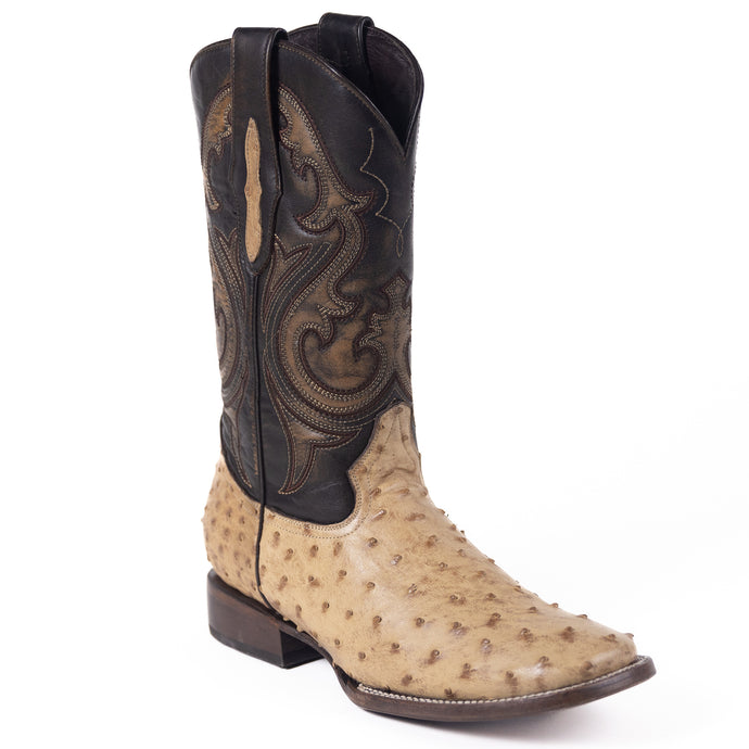 Boulet Genuine Ostrich Brown Wide Square Toe Cognac Shaft Western Boot Boulet Genuine Ostrich Brown Wide Square Toe Cognac Shaft Western Boot