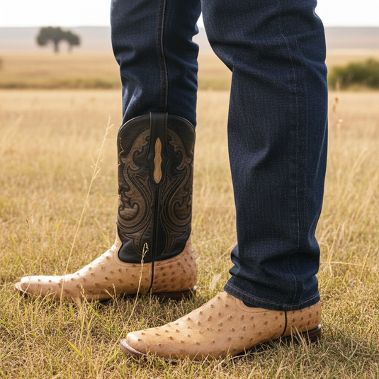 8011 - RockinLeather Men's Orix Full Quill Ostrich Square Toe Western Boot