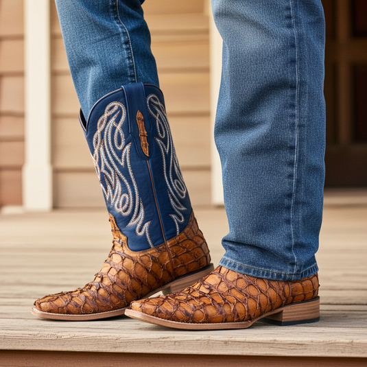 8021 - RockinLeather Men's Genuine Pirarucu Square Toe Western Boot