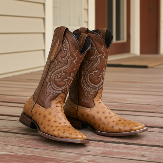 8026 - RockinLeather Men's Honey Full Quill Ostrich Square Toe Western Boot