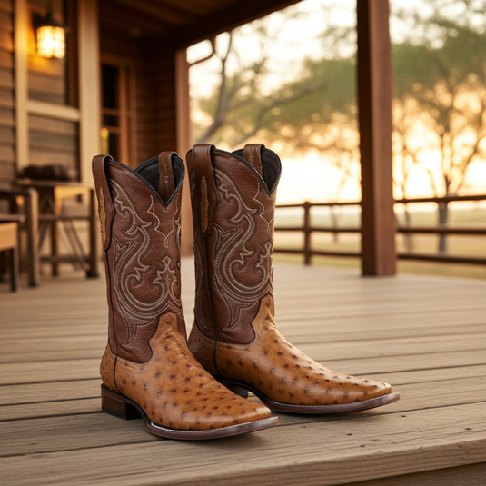 8026 - RockinLeather Men's Honey Full Quill Ostrich Square Toe Western Boot