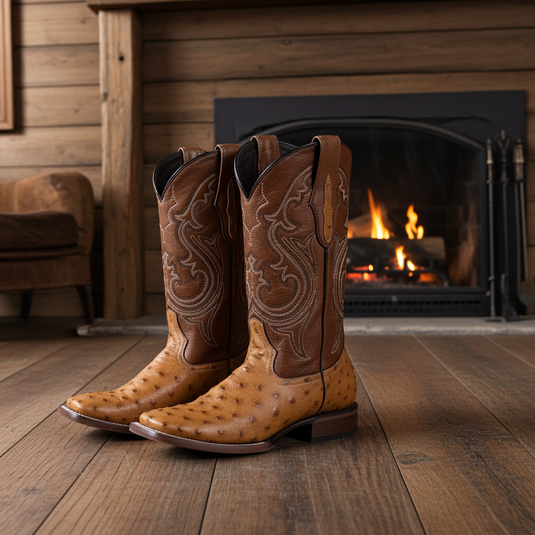 8026 - RockinLeather Men's Honey Full Quill Ostrich Square Toe Western Boot