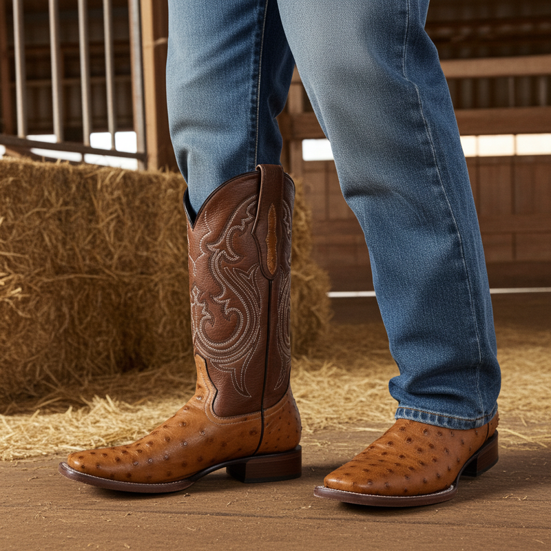 Load image into Gallery viewer, 8026 - RockinLeather Men&#39;s Honey Full Quill Ostrich Square Toe Western Boot
