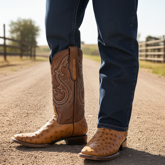 8026 - RockinLeather Men's Honey Full Quill Ostrich Square Toe Western Boot