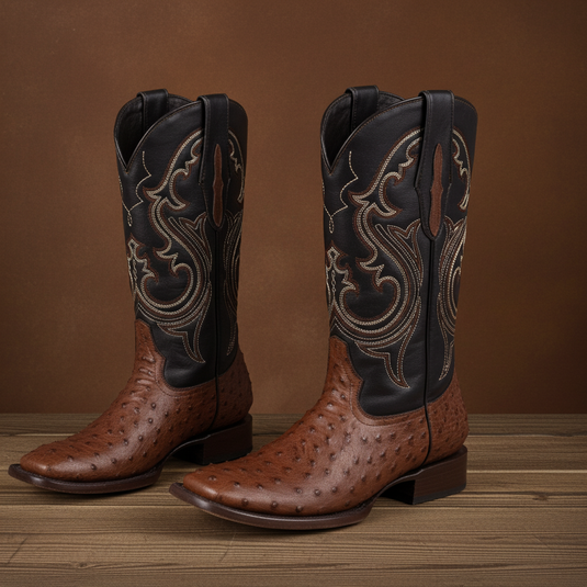 8029 - RockinLeather Men's Coffee Full Quill Ostrich Square Toe Western Boot