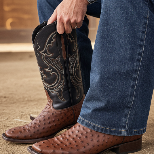 8029 - RockinLeather Men's Coffee Full Quill Ostrich Square Toe Western Boot