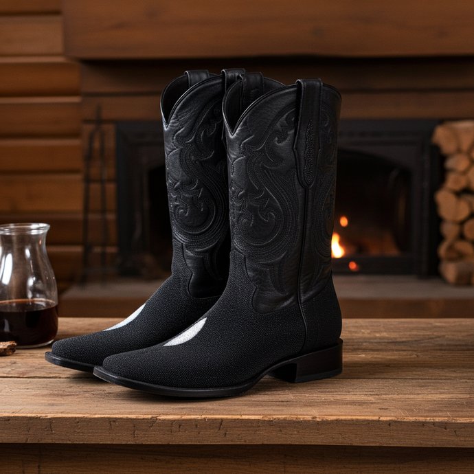 8030 - RockinLeather Men's Genuine Black Stingray Square Toe Western Boot