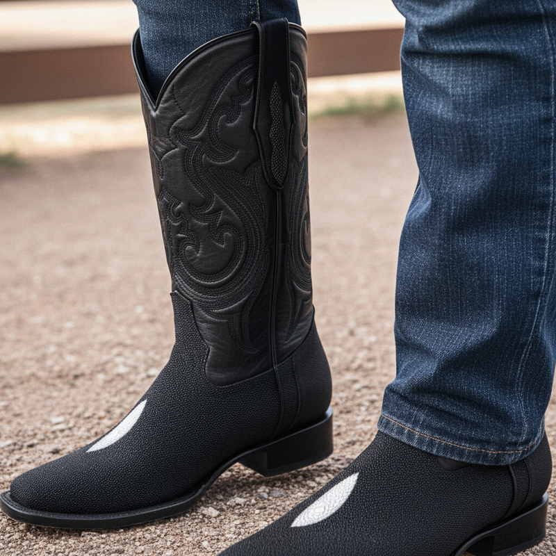 Load image into Gallery viewer, 8030 - RockinLeather Men&#39;s Genuine Black Stingray Square Toe Western Boot
