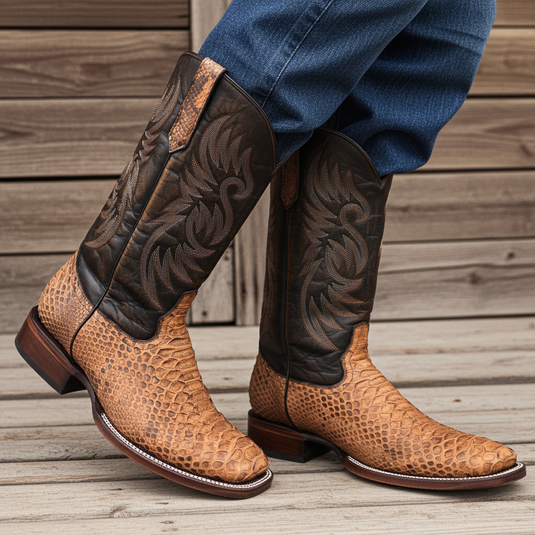 8036 - RockinLeather Men's Tan Python Square Toe Western Boot