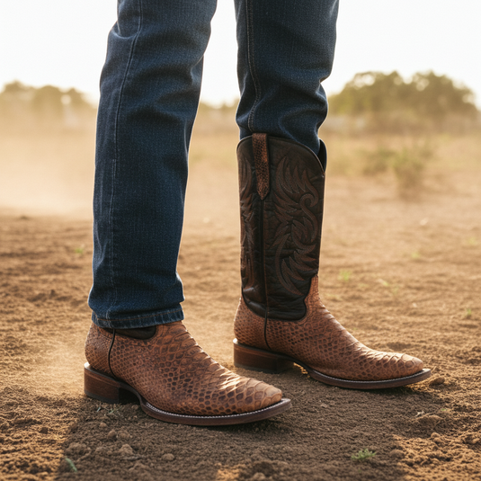 8036 - RockinLeather Men's Tan Python Square Toe Western Boot