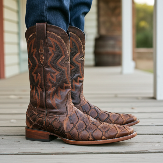 8037 - RockinLeather Men's Genuine Pirarucu Square Toe Western Boot