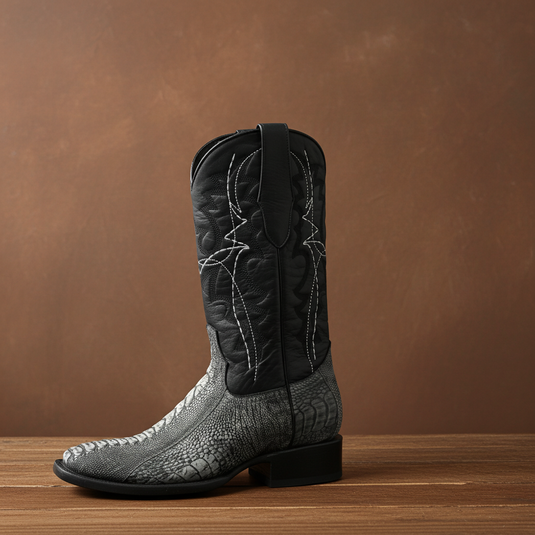 8038 - RockinLeather Men's Grey Ostrich Leg Square Toe Western Boot