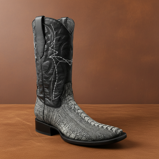 8038 - RockinLeather Men's Grey Ostrich Leg Square Toe Western Boot
