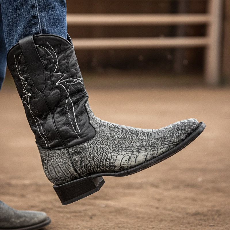 Load image into Gallery viewer, 8038 - RockinLeather Men&#39;s Grey Ostrich Leg Square Toe Western Boot
