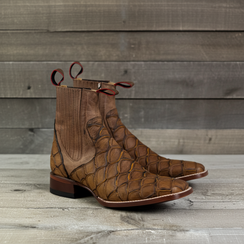 Load image into Gallery viewer, 1814 - RockinLeather Men&#39;s Retro Brown Leather Pirarucu Print Chelsea Boot
